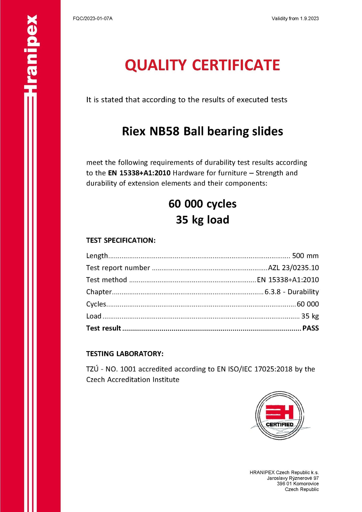 Riex NB58 Ball bearing slide, full extension, soft-close, 35 kg/30 kg, H45, 550 mm, nickel