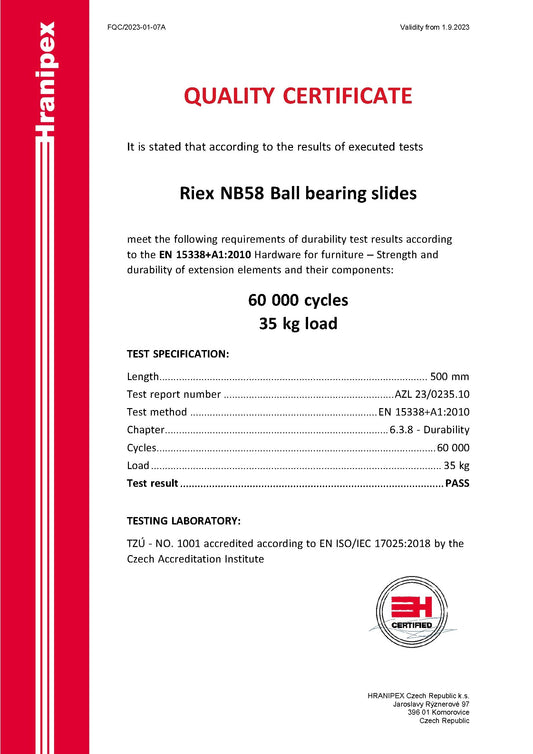 Riex NB58 Ball bearing slide, full extension, soft-close, 35 kg/35 kg, H45, 500 mm, nickel